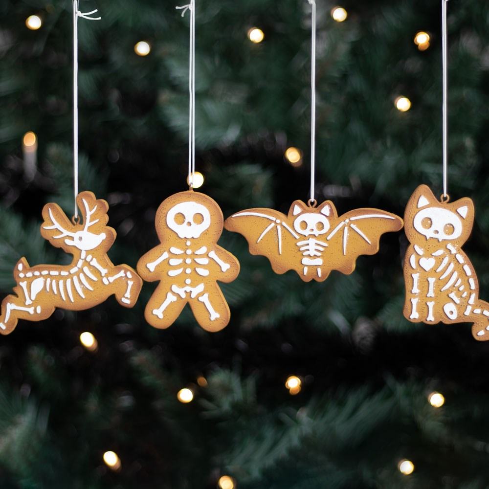Something Different - Set of 4 Creepy Skeleton Cookie Ornaments Christmas baubles - Multicolours